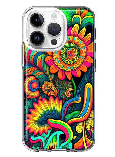 Apple iPhone 14 Pro Neon Rainbow Psychedelic Indie Hippie Sunflowers Hybrid Protective Phone Case Cover