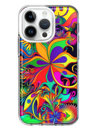 Apple iPhone 14 Pro Neon Rainbow Psychedelic Hippie Wild Flowers Hybrid Protective Phone Case Cover