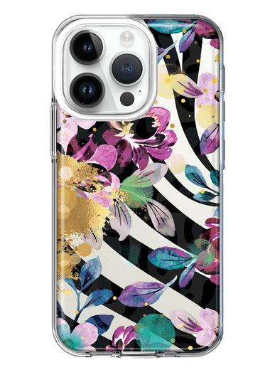 Apple iPhone 14 Pro Zebra Stripes Tropical Flowers Purple Blue Summer Vibes Hybrid Protective Phone Case Cover