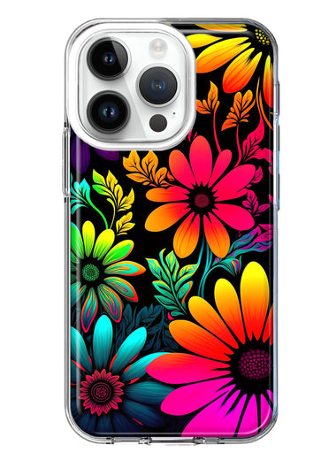 Apple iPhone 14 Pro Neon Rainbow Glow Colorful Abstract Flowers Floral Hybrid Protective Phone Case Cover