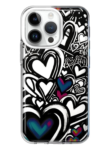 Apple iPhone 14 Pro Black White Hearts Love Graffiti Hybrid Protective Phone Case Cover