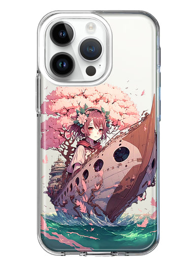 Apple iPhone 14 Pro Kawaii Manga Pink Cherry Blossom Japanese Girl Boat Hybrid Protective Phone Case Cover