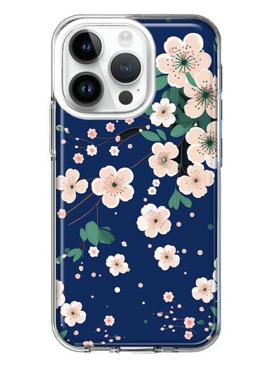 Apple iPhone 14 Pro Kawaii Japanese Pink Cherry Blossom Navy Blue Hybrid Protective Phone Case Cover