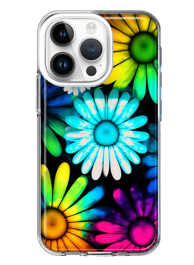 Apple iPhone 14 Pro Neon Rainbow Daisy Glow Colorful Daisies Baby Blue Pink Yellow White Double Layer Phone Case Cover