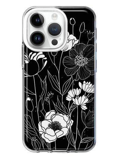 Apple iPhone 14 Pro Line Drawing Art White Floral Flowers Hybrid Protective Phone Case Cover