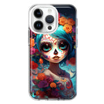 Apple iPhone 14 Pro Halloween Spooky Colorful Day of the Dead Skull Girl Hybrid Protective Phone Case Cover