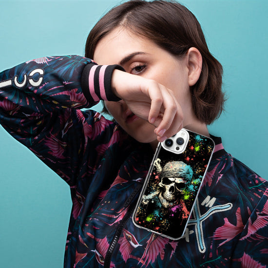 Apple iPhone 15 Pro Fantasy Paint Splash Pirate Skull Hybrid Protective Phone Case Cover