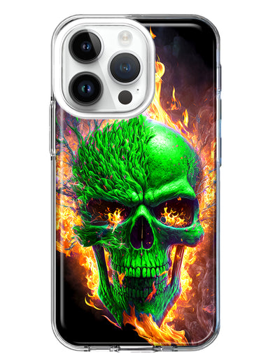 Apple iPhone 14 Pro Green Flaming Skull Burning Fire Double Layer Phone Case Cover