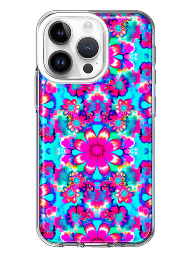 Apple iPhone 14 Pro Pink Blue Vintage Hippie Tie Dye Flowers Hybrid Protective Phone Case Cover