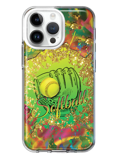 Apple iPhone 14 Pro Max Love Softball Girls Glove Green Tie Dye Swirl Paint Hybrid Protective Phone Case Cover