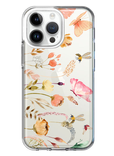 Apple iPhone 14 Pro Max Peach Meadow Wildflowers Butterflies Bees Watercolor Floral Hybrid Protective Phone Case Cover