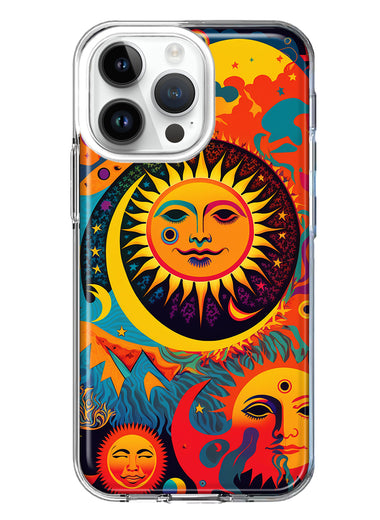 Apple iPhone 14 Pro Max Neon Rainbow Psychedelic Indie Hippie Sun Moon Hybrid Protective Phone Case Cover