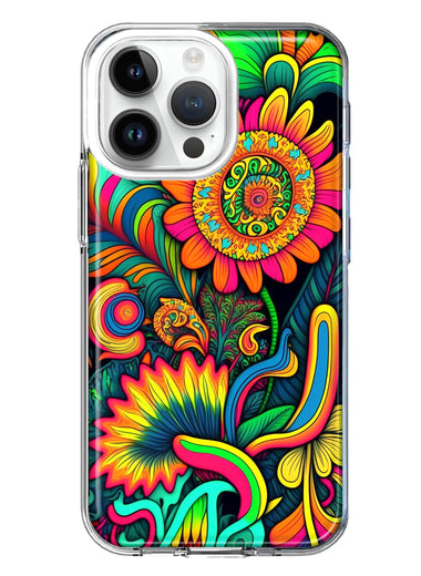 Apple iPhone 15 Pro Max Neon Rainbow Psychedelic Indie Hippie Sunflowers Hybrid Protective Phone Case Cover