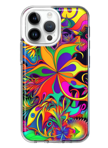 Apple iPhone 14 Pro Max Neon Rainbow Psychedelic Hippie Wild Flowers Hybrid Protective Phone Case Cover