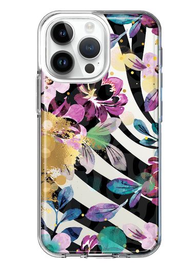 Apple iPhone 15 Pro Zebra Stripes Tropical Flowers Purple Blue Summer Vibes Hybrid Protective Phone Case Cover