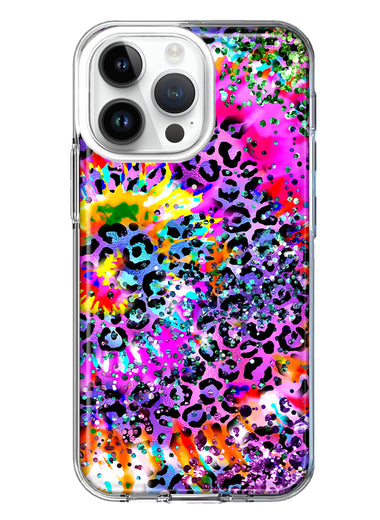 Apple iPhone 14 Pro Max Vibrant Pink Purple Tie Dye Summer Leopard Swirl Rainbow Hybrid Protective Phone Case Cover
