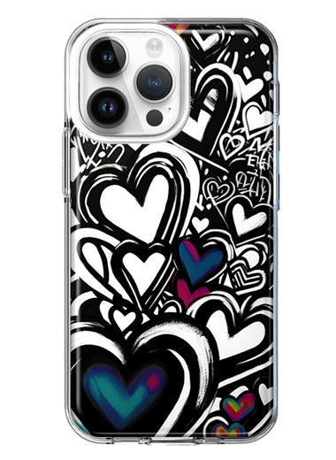 Apple iPhone 14 Pro Max Black White Hearts Love Graffiti Hybrid Protective Phone Case Cover