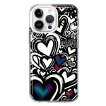 Apple iPhone 15 Pro Black White Hearts Love Graffiti Hybrid Protective Phone Case Cover