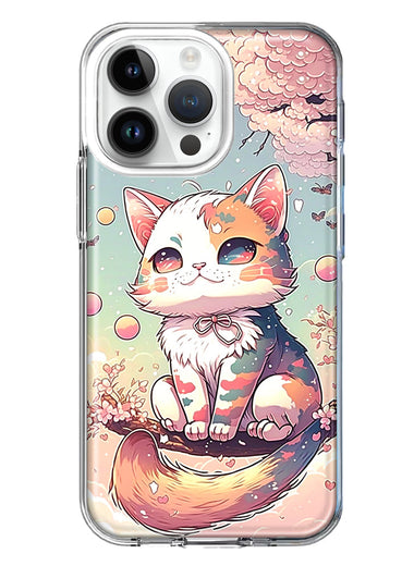 Apple iPhone 15 Pro Kawaii Manga Pink Cherry Blossom Cute Cat Hybrid Protective Phone Case Cover
