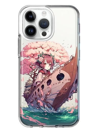 Apple iPhone 15 Pro Kawaii Manga Pink Cherry Blossom Japanese Girl Boat Hybrid Protective Phone Case Cover