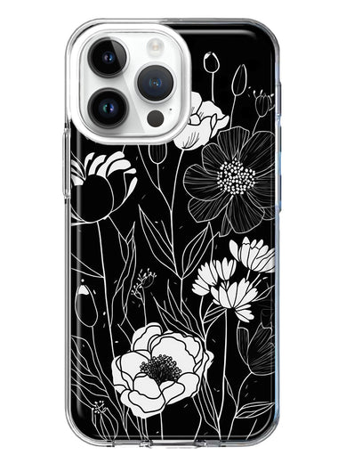 Apple iPhone 15 Pro Max Line Drawing Art White Floral Flowers Hybrid Protective Phone Case Cover