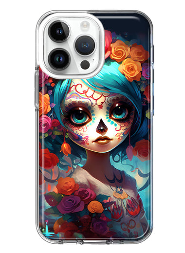 Apple iPhone 15 Pro Halloween Spooky Colorful Day of the Dead Skull Girl Hybrid Protective Phone Case Cover