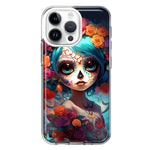 Apple iPhone 15 Pro Halloween Spooky Colorful Day of the Dead Skull Girl Hybrid Protective Phone Case Cover