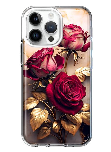 Apple iPhone 14 Pro Max Romantic Elegant Gold Marble Red Roses Double Layer Phone Case Cover
