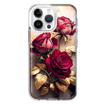 Apple iPhone 15 Pro Max Romantic Elegant Gold Marble Red Roses Double Layer Phone Case Cover