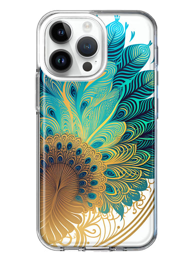 Apple iPhone 15 Pro Max Mandala Geometry Abstract Peacock Feather Pattern Hybrid Protective Phone Case Cover