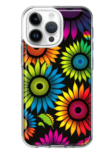 Apple iPhone 14 Pro Max Neon Rainbow Glow Sunflowers Colorful Floral Pink Purple Double Layer Phone Case Cover