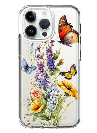Apple iPhone 15 Pro Max Yellow Purple Spring Flowers Butterflies Floral Hybrid Protective Phone Case Cover