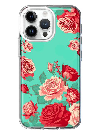 Apple iPhone 14 Pro Max Turquoise Teal Vintage Pastel Pink Red Roses Double Layer Phone Case Cover