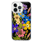 Apple iPhone 15 Pro Blue Yellow Vintage Spring Wild Flowers Floral Hybrid Protective Phone Case Cover
