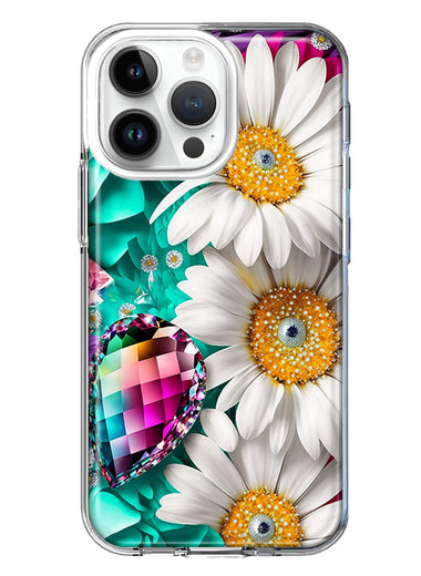 Apple iPhone 15 Pro Colorful Crystal White Daisies Rainbow Gems Teal Double Layer Phone Case Cover