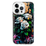 Apple iPhone 14 Pro Max White Roses Graffiti Wall Art Painting Hybrid Protective Phone Case Cover