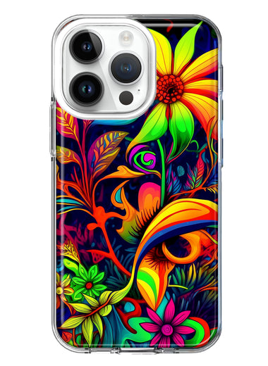 Apple iPhone 14 Pro Neon Rainbow Psychedelic Trippy Hippie Daisy Flowers Hybrid Protective Phone Case Cover