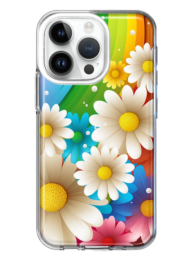 Apple iPhone 14 Pro Colorful Rainbow Daisies Blue Pink White Green Double Layer Phone Case Cover