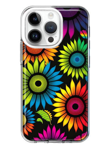 Apple iPhone 14 Pro Neon Rainbow Glow Sunflowers Colorful Floral Pink Purple Double Layer Phone Case Cover