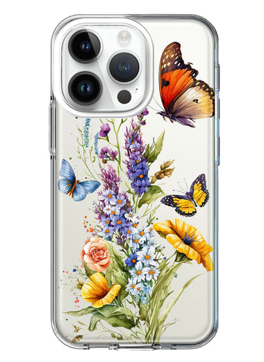 Apple iPhone 14 Pro Yellow Purple Spring Flowers Butterflies Floral Hybrid Protective Phone Case Cover