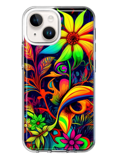Apple iPhone 15 Plus Neon Rainbow Psychedelic Trippy Hippie Daisy Flowers Hybrid Protective Phone Case Cover