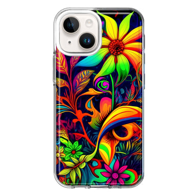 Apple iPhone 15 Neon Rainbow Psychedelic Trippy Hippie Daisy Flowers Hybrid Protective Phone Case Cover