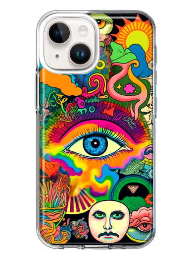 Apple iPhone 15 Plus Neon Rainbow Psychedelic Trippy Hippie Multiple Eyes Hybrid Protective Phone Case Cover