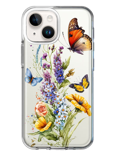 Apple iPhone 14 Plus Yellow Purple Spring Flowers Butterflies Floral Hybrid Protective Phone Case Cover