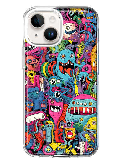 Apple iPhone 15 Plus Psychedelic Trippy Happy Aliens Characters Hybrid Protective Phone Case Cover