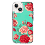 Apple iPhone 15 Turquoise Teal Vintage Pastel Pink Red Roses Double Layer Phone Case Cover