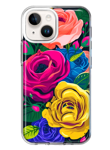 Apple iPhone 14 Vintage Pastel Abstract Colorful Pink Yellow Blue Roses Double Layer Phone Case Cover