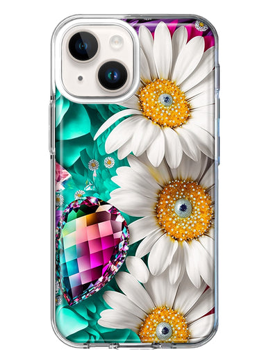 Apple iPhone 14 Colorful Crystal White Daisies Rainbow Gems Teal Double Layer Phone Case Cover