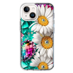 Apple iPhone 15 Colorful Crystal White Daisies Rainbow Gems Teal Double Layer Phone Case Cover