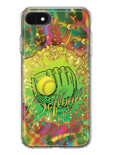 Apple iPhone SE 2nd 3rd Generation Love Softball Girls Glove Green Tie Dye Swirl Paint Hybrid Protective Phone Case Cover